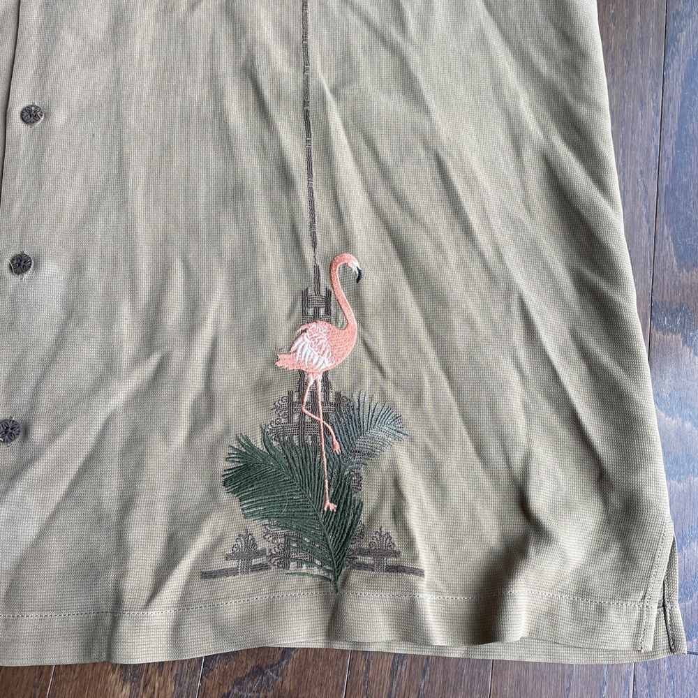 Tommy Bahama Shirt Mens‎ XXL Tan 100% Silk Camp FLAMINGO LANES Bowling Hawaiian - Picture 2 of 8
